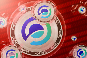 Horizen crash; Horizen (ZEN) coins in a bubbles on the binary code background. Close-up