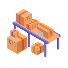 Drawers on conveyor belt isometric. Yellow boxes with luggage travel tape from loader arrival of goods distribution hall arrival vector goods destination distribution into sections.