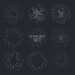 Set of vintage sunbursts. Retro line art ray of sun or star, fireworks. Perfect for logo design. Vector illustration