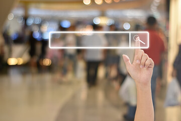 Hand click search button page on virtual screen. Idea for searching browse data information...