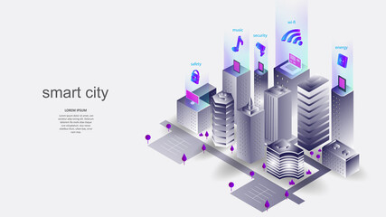 Fototapeta premium Vector illustration of a building with elements of a smart city. Science, futuristic, web, network concept, communications, high technology. EPS 10.