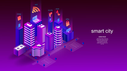 Vector illustration of a building with elements of a smart city. Science, futuristic, web, network concept, communications, high technology. EPS 10.