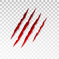 Fototapeta na wymiar Animal red scratches on transparent background. Paper claws animal scratching. Claw scratch mark. Animal predator paw claw, knife scratch trace. Horror slash trace. vector illustration