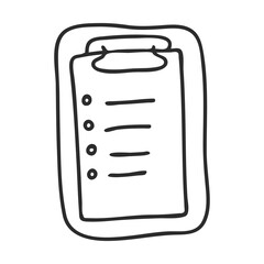 To-do list on a tablet in Doodle style. A check-list to mark a task as completed. The icon is hand-drawn and isolated on a white background. Black and white vector illustration.