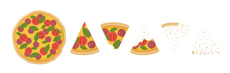 Step by process eating pizza Illustration. Juicy pepperoni with mozzarella eaten by piece crumbs fresh hot appetizer sausage meat tomatoes delicious Italian vector fast food clipart.