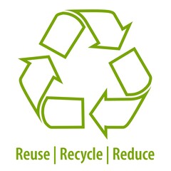 Recycle logo flat line art green icon with text Reuse, Recycle, Reduce isolated on white background.