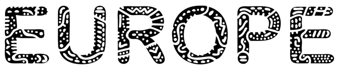 Europe. Black on white isolate inscription. Сurves doodle freaky letters. Europe for print, clothing, t-shirt, souvenir, booklet, banner, flyer, card, bag. Stock vector picture.