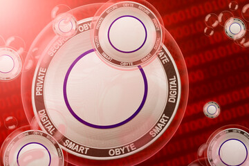Obyte crash; Obyte coins in a bubbles on the binary code background. Close-up