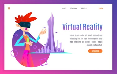 Landing page template. Girl in AR headset looking at the hologram of the city. Cartoon style illustration.