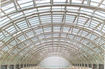 Steel frame structure. transparent roof structure made of metal. modern building roof