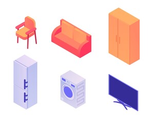 Home appliances and furniture isometric set. Stylish red sofa chair for comfortable work closet things modern two compartment refrigerator electronic washing machine smart plasma vector TV.
