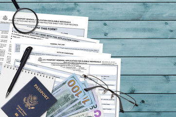 Department of State form DS82 U.S. Passport renewal application for eligible individuals lies on...
