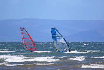 Windsurfers at Barassie Beach, Troon in Scotland