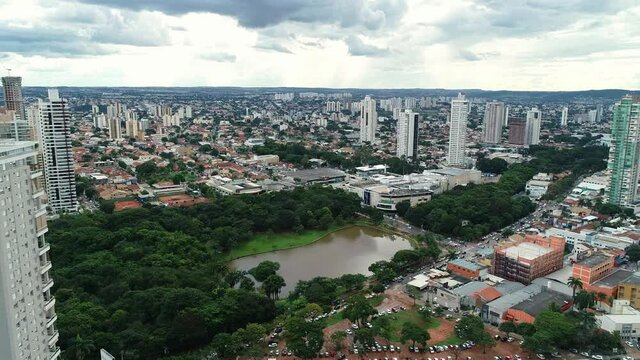 Aerial view of the city of Goi&acirc;nia, state of Goi&aacute;s, Brazil. City divided between an area full of buildings and others of residential houses. Concept of population growth increasing.