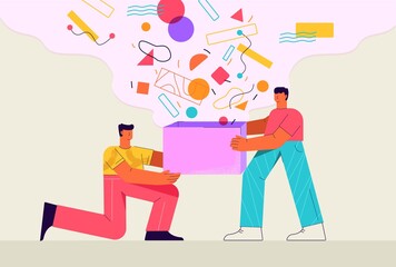 Receiving prize abstract illustration. Male character winner receives from sponsor winning box with geometric trophies happy deserved flat success unexpected birthday present vector birthday.