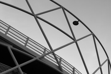 Black and white abstract photo of the walking bridge in Vienna central station. Vienna, Austria 12th June 2020.