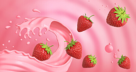 Strawberry Milk Splash background, 3d rendering.