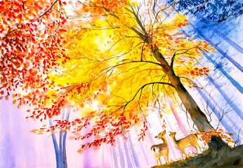 Watercolor Painting - Deer in Autumn Forest