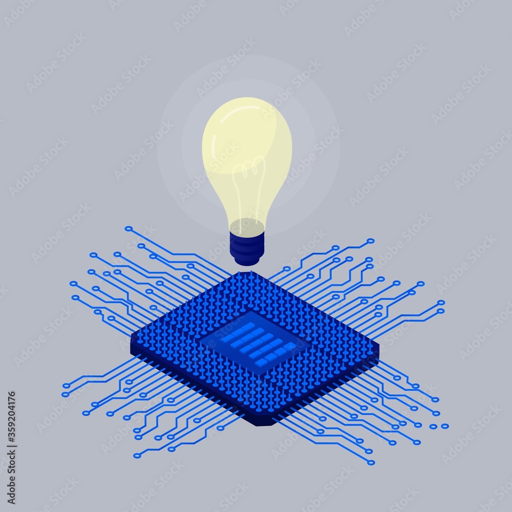 Poster idea of amplifying computer processor. modern blue digital chip with burning light above it smart sy