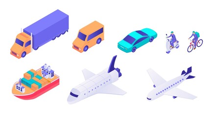 Logistic transport isometric set. Modern cargo tanker with containers, high speed white plane heavy truck refrigerator mobile delivery car courier on scooter bicycle global transport vector service.