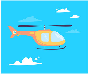 Vector illustration of a helicopter which flies. Air transport with a propeller in the sky. Yellow helicopter on a background of blue sky, clouds. Screen saver,.minimalist style