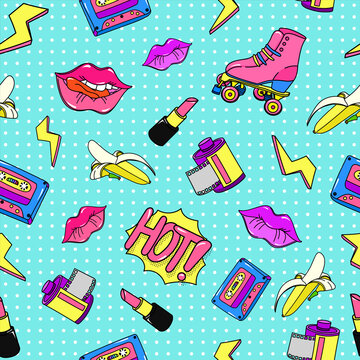 Style 90s pop pattern seamless. Retro color music cassette bright lipstick red reel photographic film stylish lightning clipart roller skates vector design 80s and 90s brightly painted hot lips.