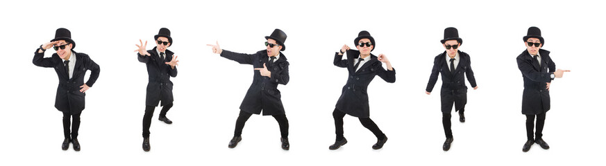 Young detective in black coat isolated on white