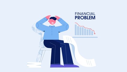 Financial problems debts concept. Businessman in despair holding hands behind head next to chart falling stocks large sheet paper with cash flat losses global financial crisis panic vector exchange.