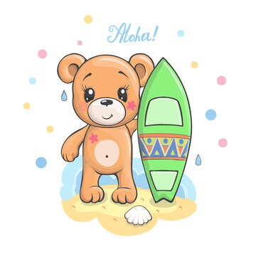 Cute cartoon Teddy bear with surfboard vector illustration