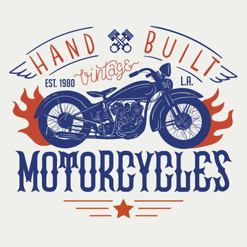 Hand built vintage motorcycles. T-shirt or poster design with an illustration of an old motorcycle