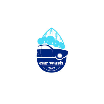 Vector illustration of blue car showered by water drops and bubbles with text 24/7 in location sign isolated on white background fit for car wash logo