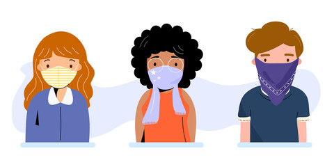 People wearing cloth face covering or washable fabric face mask to help slow spread of Covid19 or Coronavirus. Diverse young adults using handkerchief and scarf protect from virus. Vector illustration