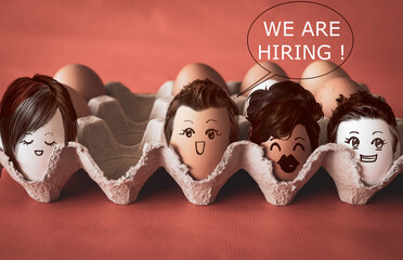 Faces on the eggs, we are hiring, looking for teammate, funny recruitment business concept - 359206128