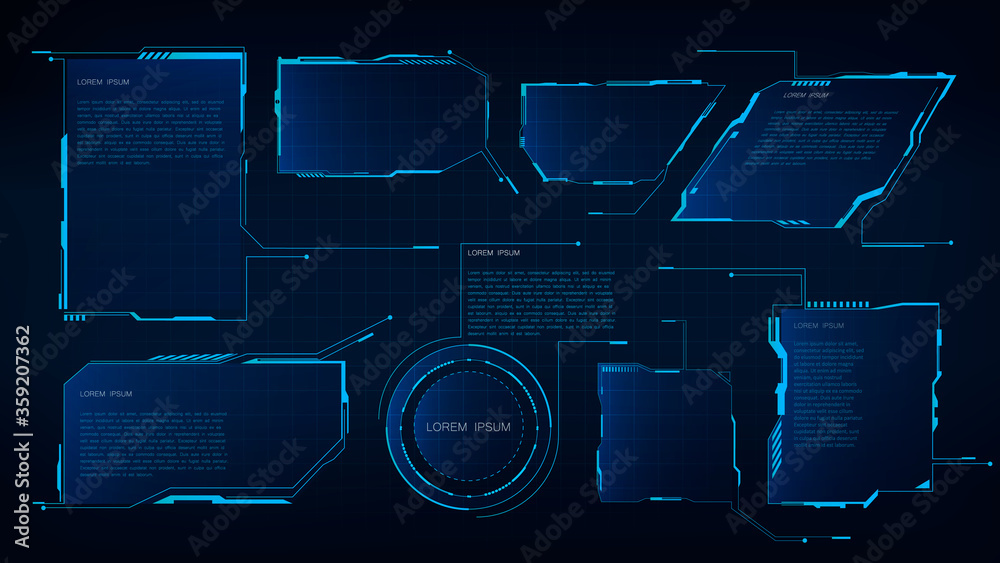 Poster hud tech title frame, interface. virtual futuristic callouts grid display blue ui hologram user inte