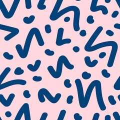 Simple abstract vector seamless pattern. Blue spots, zigzag, curved blots are randomly scattered on a light pink background. For printing on fabric, textile products, packaging, paper.