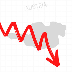Austria map with falling arrow. Financial stagnation, recession, crisis, business crash, stock markets down, economic collapse. Downward trend concept illustration on white background 
