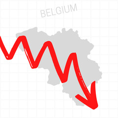 Belgium map with falling arrow. Financial stagnation, recession, crisis, business crash, stock markets down, economic collapse. Downward trend concept illustration on white background 
