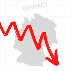 Fototapeta na wymiar Germany map with falling arrow. Financial stagnation, recession, crisis, business crash, stock markets down, economic collapse. Downward trend concept illustration on white background 