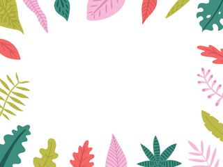 Fototapeta na wymiar Vector illustration in simple flat style with copy space for text,background with exotic flowers and tropical leaves,backdrop for greeting cards, posters, banners and placards