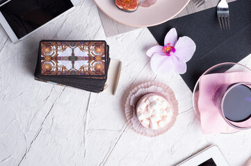 life style  meeting concept. Thai blue, Butterfly pea tea served with fresh figs and panna cotta...