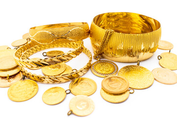 Turkish gold coins. Turkish gold bracelet and necklace.  Turkish quarter gold. Turkish full, half, quarter, republic and resat gold