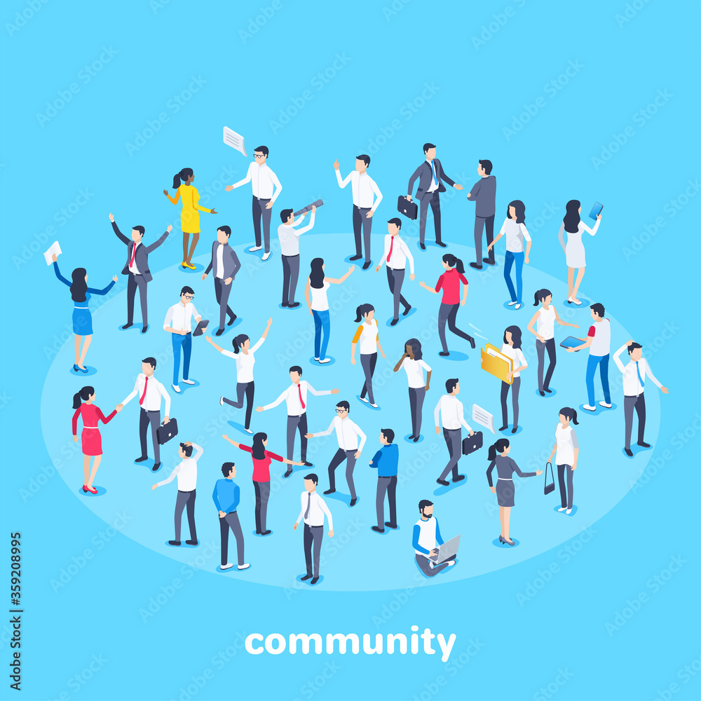 Wall mural isometric vector image on a blue background, people in business suits are grouped in contact with ea