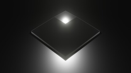 An image that creates 3D illustrations using a three-dimensional visualization program. Picture of pediment, square shape, black square With white reflections