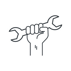 flat vector image on a white background, linear icon of a hand with a wrench