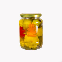 Fototapeta na wymiar marinated scalloped squash in glass jar isolated on white