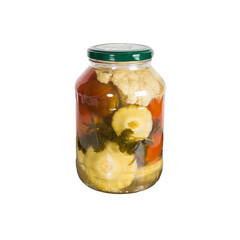 Canned vegetables in a glass jar. Isolated on white background