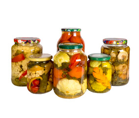 Preserved vegetables on white background. Homemade blanks.