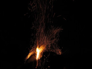 Sparks from the fire against the background of the night