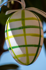 Easter eggs hanging from a cherry laurel branch