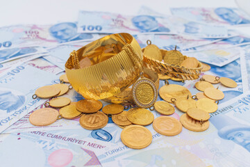 Turkish Lira TL. Turkish banknotes. 100 Turkish Lira. Hundred Turkish lira. Gold bracelet and gold money